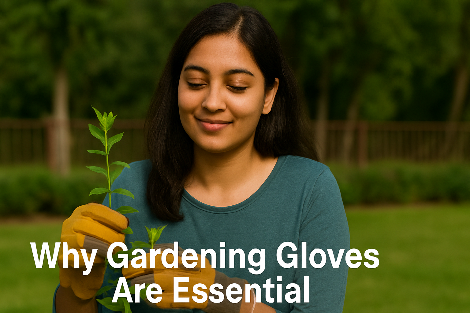 An Indian woman wearing protective gardening gloves while carefully handling a young plant outdoors, demonstrating why gardening gloves are essential for safety and comfort